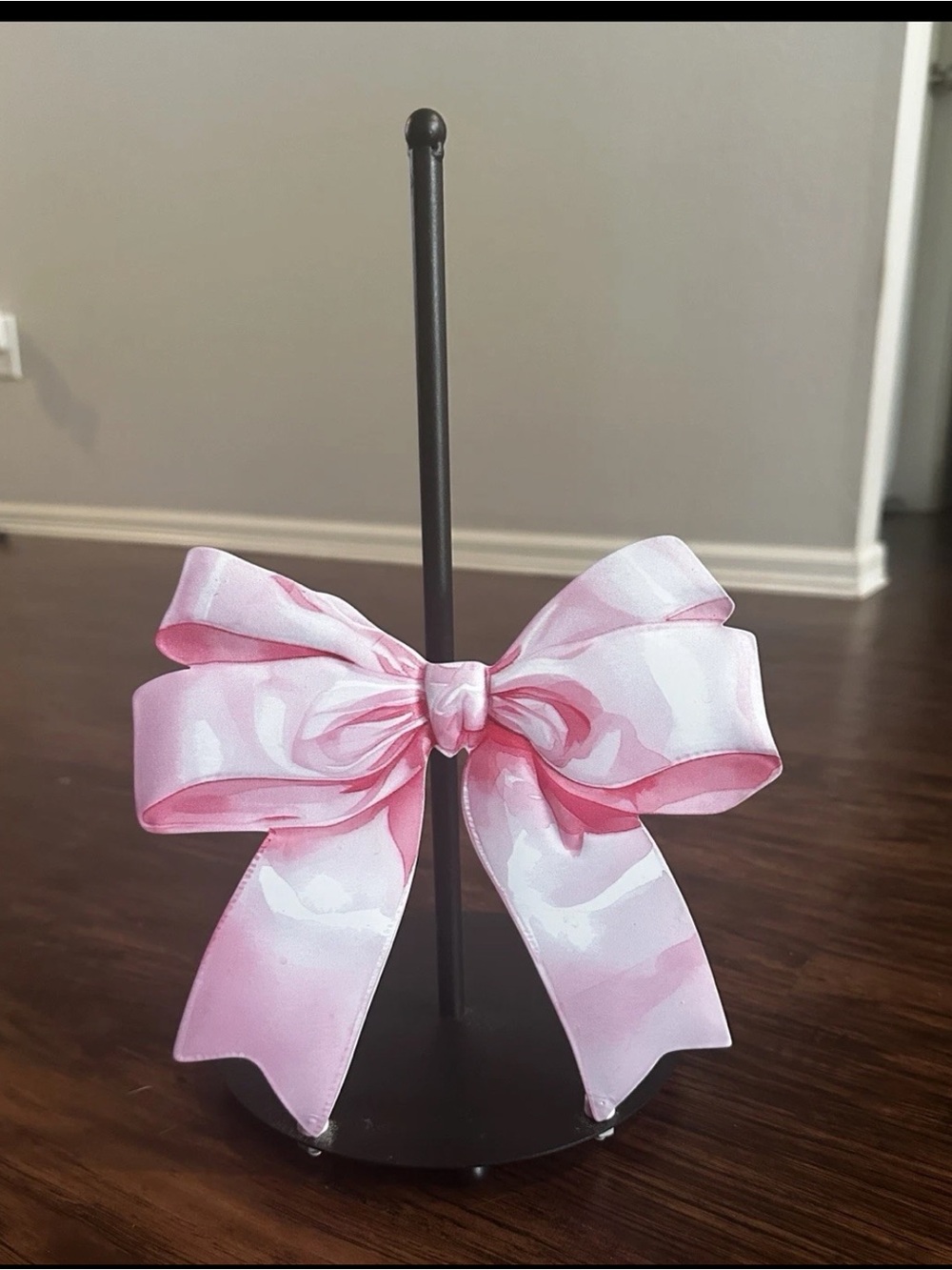 Black Metal Freestanding Paper Towel Holder w/ Bow Detail, 12in H x 5in W